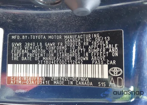 2013 Toyota Corolla Le из США, поврежденный, VIN 2T1BU4EE0DC112642